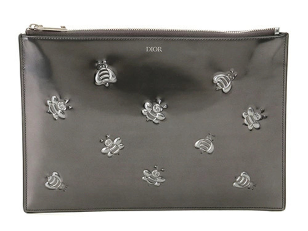 Christian Dior Homme clutch bag KAWS BEE calfskin silver Fall Winter